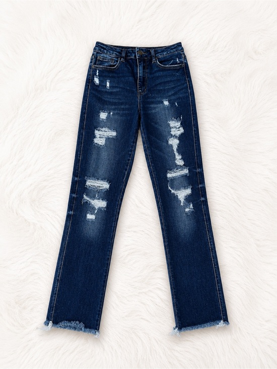 Flying Monkey Denim - Flying Monkey Ultra High Rise Straight Distressed Raw Hem Jeans Size 26 Dark